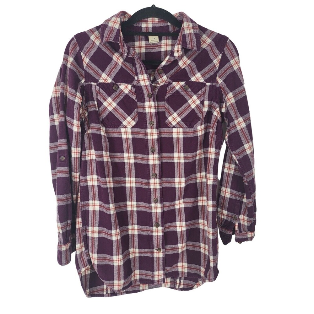 Duluth Trading Button Front Top XS Womens Purple Long Sleeve 100% Cotton Pockets